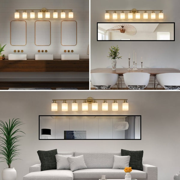 English Elm 52 Inch Eight Light Vanity Sconce Golden Iron Frame Frosted Glass Bathroom Wall Fixture W1340P206704