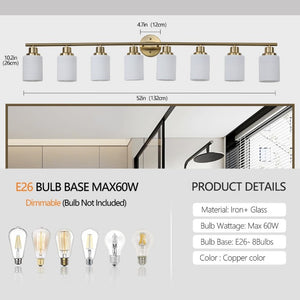English Elm 52 Inch Eight Light Vanity Sconce Golden Iron Frame Frosted Glass Bathroom Wall Fixture W1340P206704