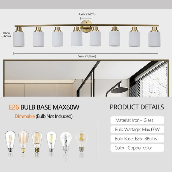 English Elm 52 Inch Eight Light Vanity Sconce Golden Iron Frame Frosted Glass Bathroom Wall Fixture W1340P206704