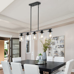English Elm 37 Inch Industrial Chandelier Five Light Matte Black Iron Frame with Clear Glass Shades W1340P206714