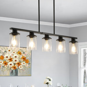 English Elm 37 Inch Industrial Chandelier Five Light Matte Black Iron Frame with Clear Glass Shades W1340P206714