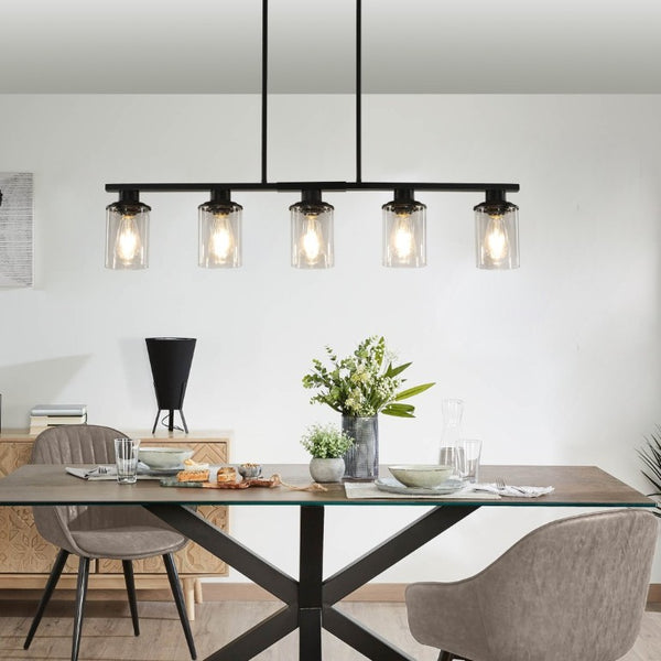 English Elm 37 Inch Industrial Chandelier Five Light Matte Black Iron Frame with Clear Glass Shades W1340P206714