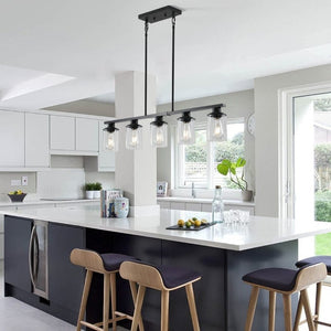 English Elm 37 Inch Industrial Chandelier Five Light Matte Black Iron Frame with Clear Glass Shades W1340P206714
