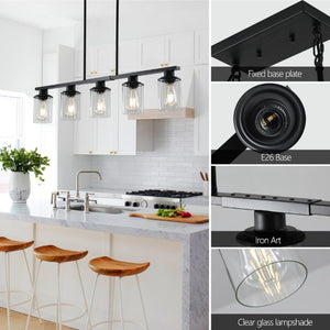 English Elm 37 Inch Industrial Chandelier Five Light Matte Black Iron Frame with Clear Glass Shades W1340P206714