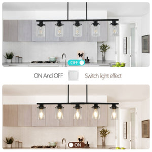 English Elm 37 Inch Industrial Chandelier Five Light Matte Black Iron Frame with Clear Glass Shades W1340P206714