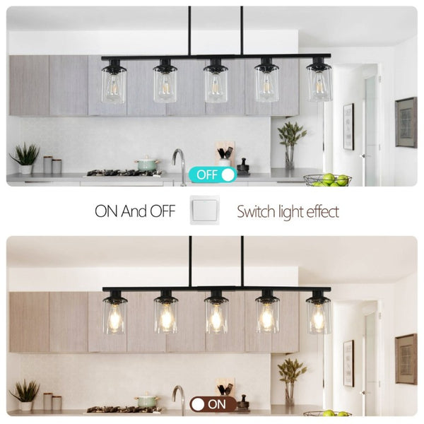 English Elm 37 Inch Industrial Chandelier Five Light Matte Black Iron Frame with Clear Glass Shades W1340P206714