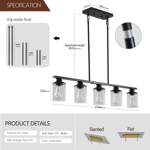 English Elm 37 Inch Industrial Chandelier Five Light Matte Black Iron Frame with Clear Glass Shades W1340P206714