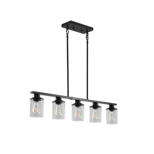 English Elm 37 Inch Industrial Chandelier Five Light Matte Black Iron Frame with Clear Glass Shades W1340P206714