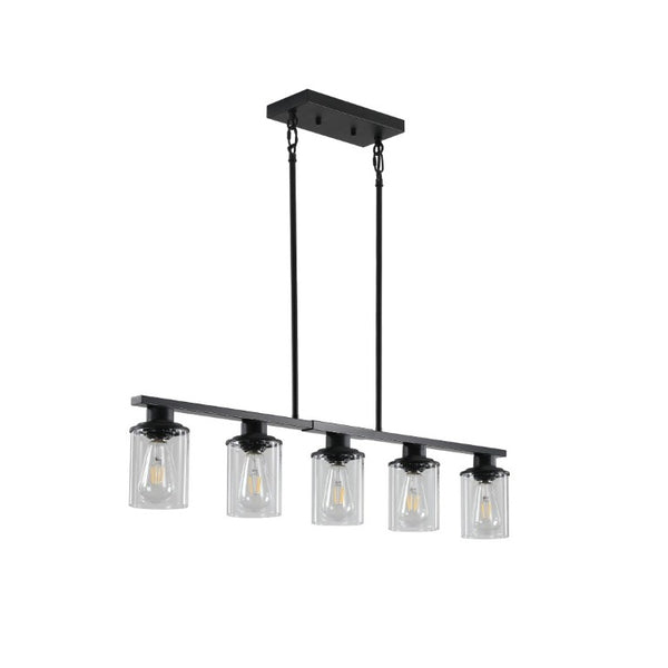 English Elm 37 Inch Industrial Chandelier Five Light Matte Black Iron Frame with Clear Glass Shades W1340P206714