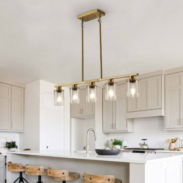 English Elm 37 Inch Industrial Five Light Chandelier Golden Iron Frame Clear Glass Dining Room W1340P206716