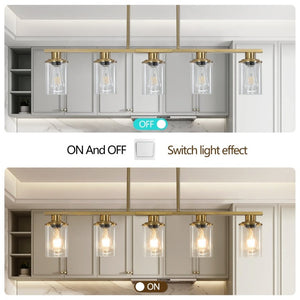 English Elm 37 Inch Industrial Five Light Chandelier Golden Iron Frame Clear Glass Dining Room W1340P206716