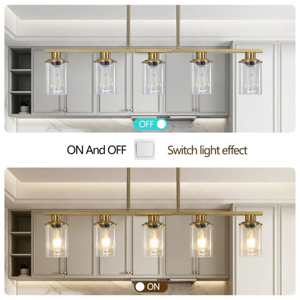 English Elm 37 Inch Industrial Five Light Chandelier Golden Iron Frame Clear Glass Dining Room W1340P206716