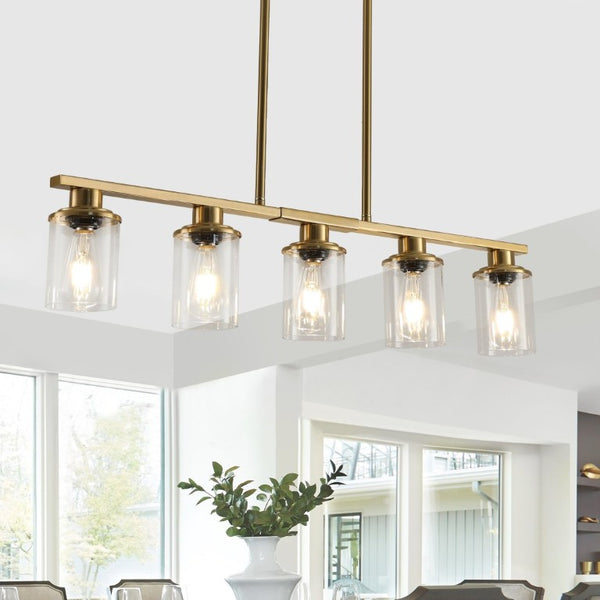 English Elm 37 Inch Industrial Five Light Chandelier Golden Iron Frame Clear Glass Dining Room W1340P206716