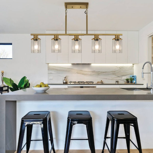 English Elm 37 Inch Industrial Five Light Chandelier Golden Iron Frame Clear Glass Dining Room W1340P206716