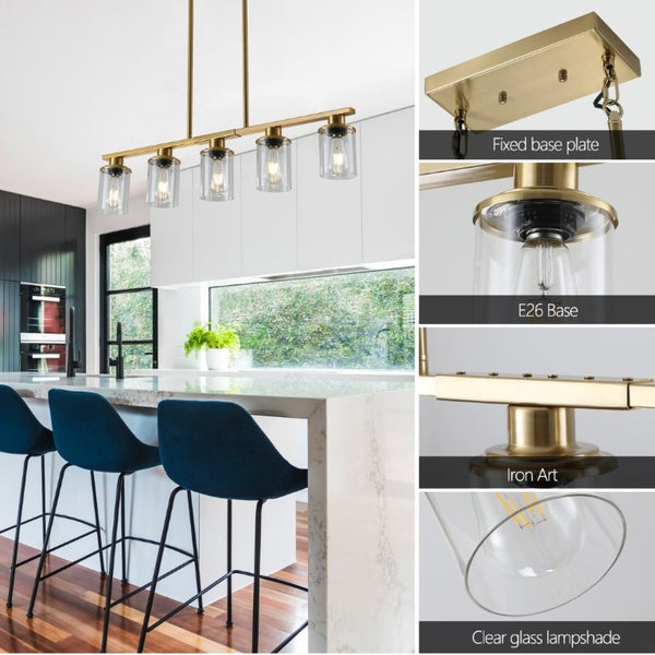 English Elm 37 Inch Industrial Five Light Chandelier Golden Iron Frame Clear Glass Dining Room W1340P206716