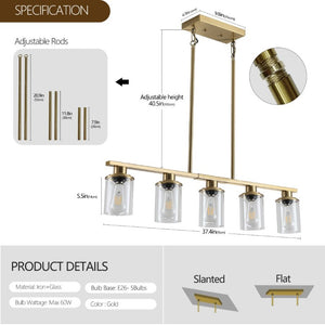 English Elm 37 Inch Industrial Five Light Chandelier Golden Iron Frame Clear Glass Dining Room W1340P206716
