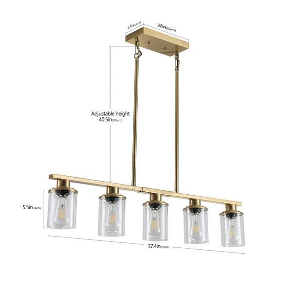 English Elm 37 Inch Industrial Five Light Chandelier Golden Iron Frame Clear Glass Dining Room W1340P206716