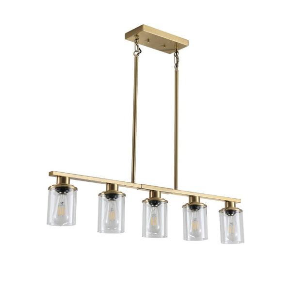 English Elm 37 Inch Industrial Five Light Chandelier Golden Iron Frame Clear Glass Dining Room W1340P206716