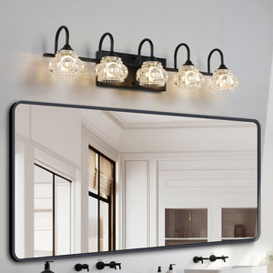 English Elm 29" Five Light Matte Black Iron Vanity Bar with Crystal Shades for Powder Room W1340P206722