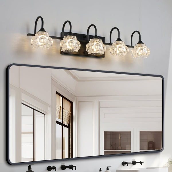 English Elm 29" Five Light Matte Black Iron Vanity Bar with Crystal Shades for Powder Room W1340P206722