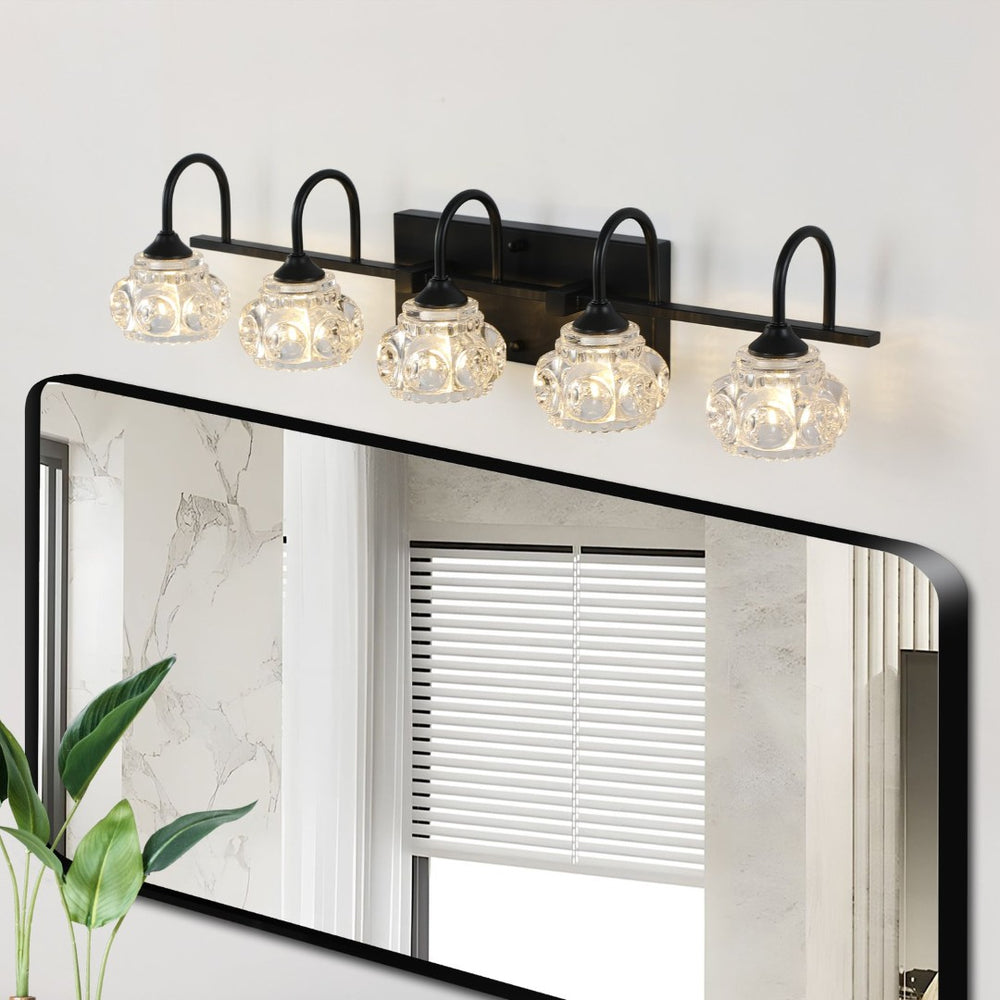 English Elm 29" Five Light Matte Black Iron Vanity Bar with Crystal Shades for Powder Room W1340P206722