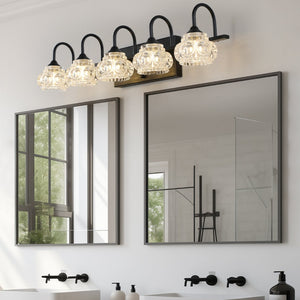 English Elm 29" Five Light Matte Black Iron Vanity Bar with Crystal Shades for Powder Room W1340P206722