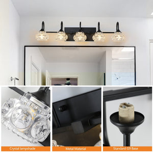 English Elm 29" Five Light Matte Black Iron Vanity Bar with Crystal Shades for Powder Room W1340P206722