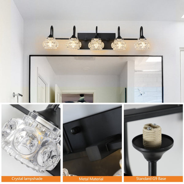 English Elm 29" Five Light Matte Black Iron Vanity Bar with Crystal Shades for Powder Room W1340P206722