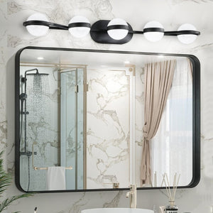English Elm Same Matte Black Five Globe LED Vanity Light Frosted Acrylic Shades Bathroom Mirror Wall Fixture W1340P206793