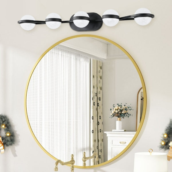 English Elm Same Matte Black Five Globe LED Vanity Light Frosted Acrylic Shades Bathroom Mirror Wall Fixture W1340P206793