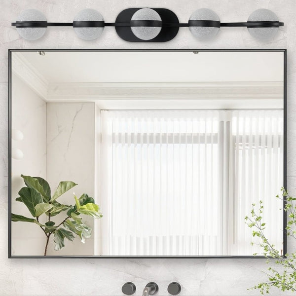 English Elm Same Matte Black Five Globe LED Vanity Light Frosted Acrylic Shades Bathroom Mirror Wall Fixture W1340P206793