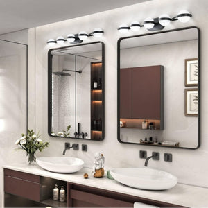 English Elm Same Matte Black Five Globe LED Vanity Light Frosted Acrylic Shades Bathroom Mirror Wall Fixture W1340P206793