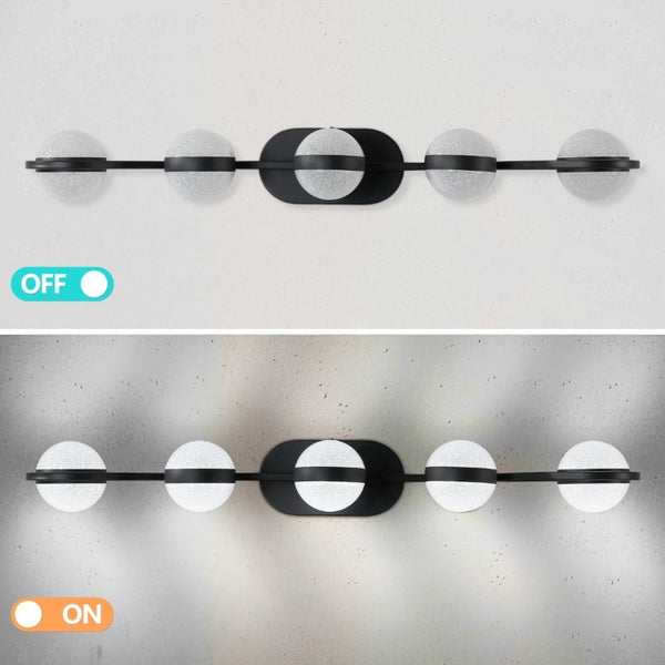 English Elm Same Matte Black Five Globe LED Vanity Light Frosted Acrylic Shades Bathroom Mirror Wall Fixture W1340P206793