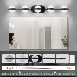 English Elm Same Matte Black Five Globe LED Vanity Light Frosted Acrylic Shades Bathroom Mirror Wall Fixture W1340P206793