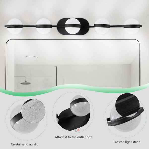 English Elm Same Matte Black Five Globe LED Vanity Light Frosted Acrylic Shades Bathroom Mirror Wall Fixture W1340P206793