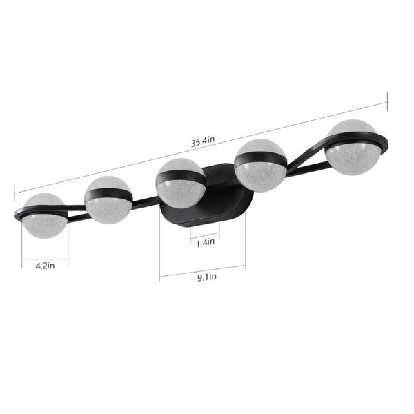 English Elm Same Matte Black Five Globe LED Vanity Light Frosted Acrylic Shades Bathroom Mirror Wall Fixture W1340P206793