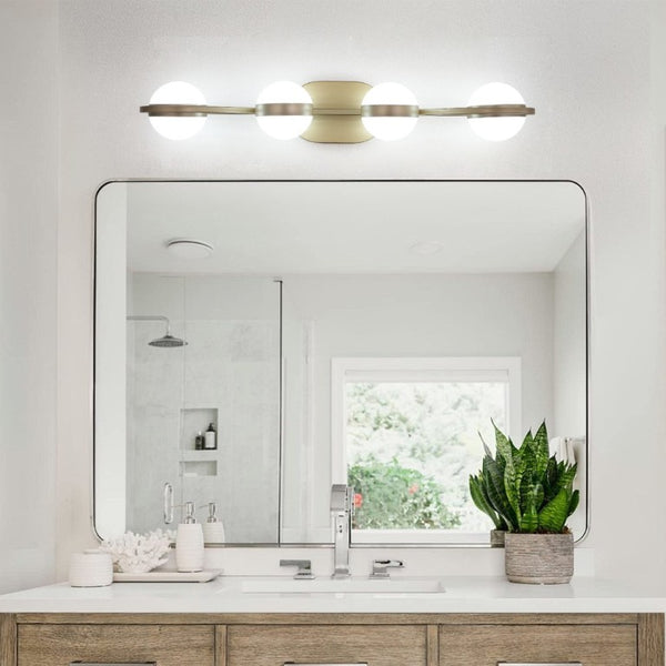 English Elm Same Four Globe LED Vanity Bar Champagne Gold Frame Crystal Acrylic Shades Bath Mirror W1340P206795