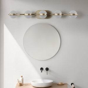 English Elm Same Five Bulb LED Vanity Light Frosted Acrylic Shades Champagne Gold Bathroom Wall Fixture W1340P206796