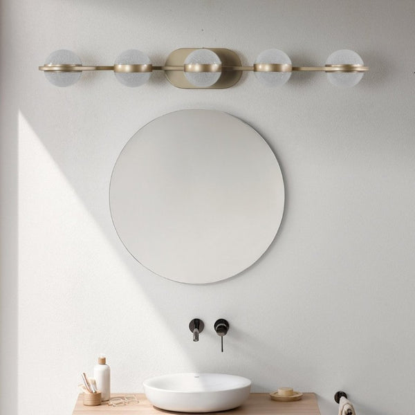 English Elm Same Five Bulb LED Vanity Light Frosted Acrylic Shades Champagne Gold Bathroom Wall Fixture W1340P206796
