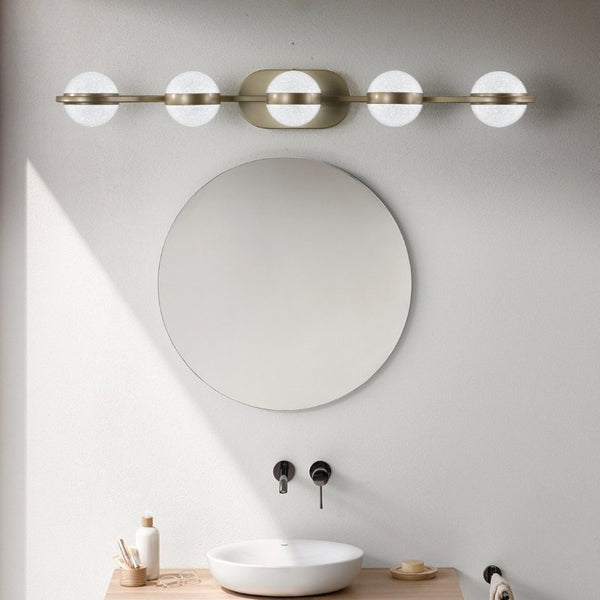 English Elm Same Five Bulb LED Vanity Light Frosted Acrylic Shades Champagne Gold Bathroom Wall Fixture W1340P206796