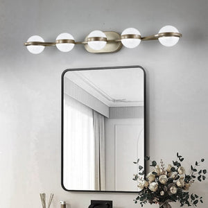 English Elm Same Five Bulb LED Vanity Light Frosted Acrylic Shades Champagne Gold Bathroom Wall Fixture W1340P206796