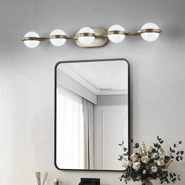 English Elm Same Five Bulb LED Vanity Light Frosted Acrylic Shades Champagne Gold Bathroom Wall Fixture W1340P206796