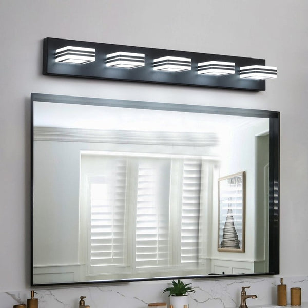 English Elm Same Matte Black Five Light LED Vanity Fixture with Square Acrylic Shades for Bathroom W1340P206799