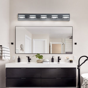 English Elm Same Matte Black Five Light LED Vanity Fixture with Square Acrylic Shades for Bathroom W1340P206799