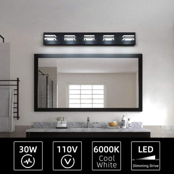 English Elm Same Matte Black Five Light LED Vanity Fixture with Square Acrylic Shades for Bathroom W1340P206799