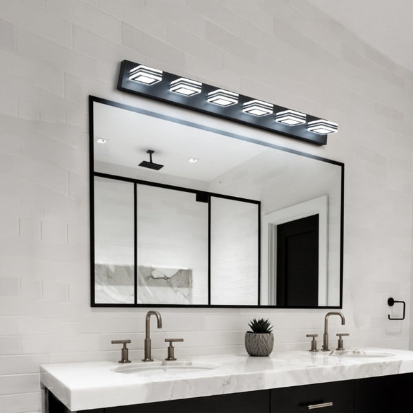 English Elm Same Matte Black Six Light LED Vanity Bar with Square Acrylic Shades for Bath Mirror W1340P206801