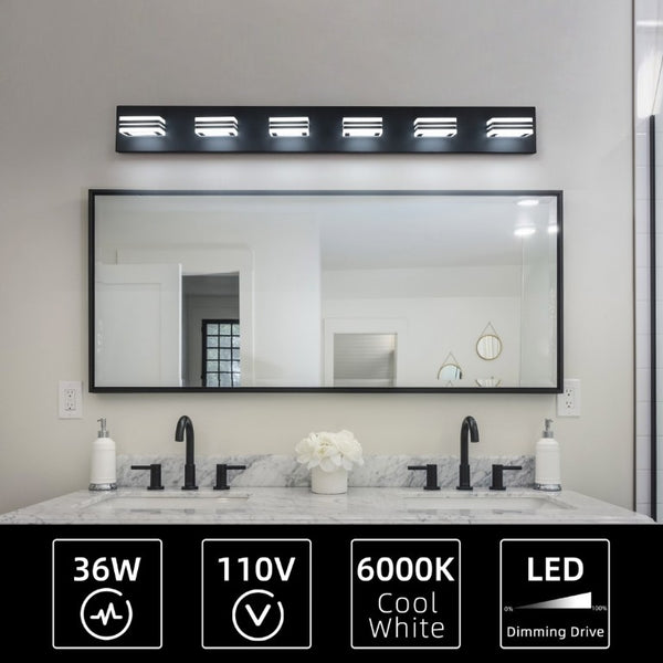 English Elm Same Matte Black Six Light LED Vanity Bar with Square Acrylic Shades for Bath Mirror W1340P206801