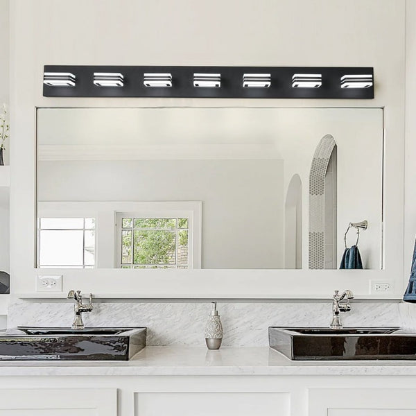 English Elm Same Matte Black 7-Light LED Vanity Bar with Square Acrylic Shades for Bathroom W1340P206803