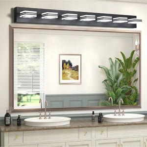 English Elm Same Matte Black 7-Light LED Vanity Bar with Square Acrylic Shades for Bathroom W1340P206803
