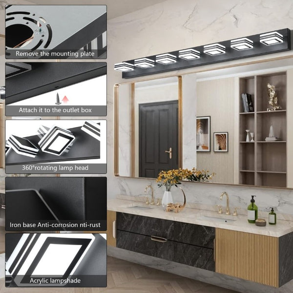 English Elm Same Matte Black 7-Light LED Vanity Bar with Square Acrylic Shades for Bathroom W1340P206803